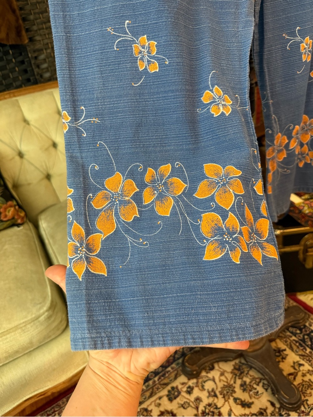 ๐บ Vintage KUN Batik Blue Floral Cropped Pants Pull-On Tie Waist - Picture 4 of 7